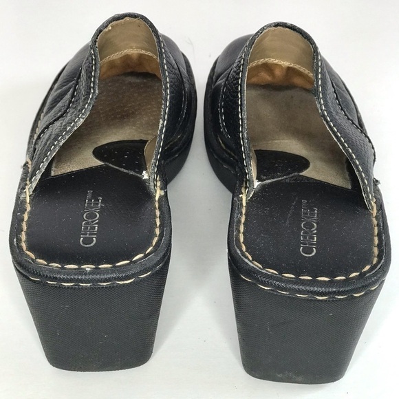 CHEROKEE Genuine Leather Size 9.5 Black Chunky Wedge Block Heel Clog Mules - Picture 7 of 15